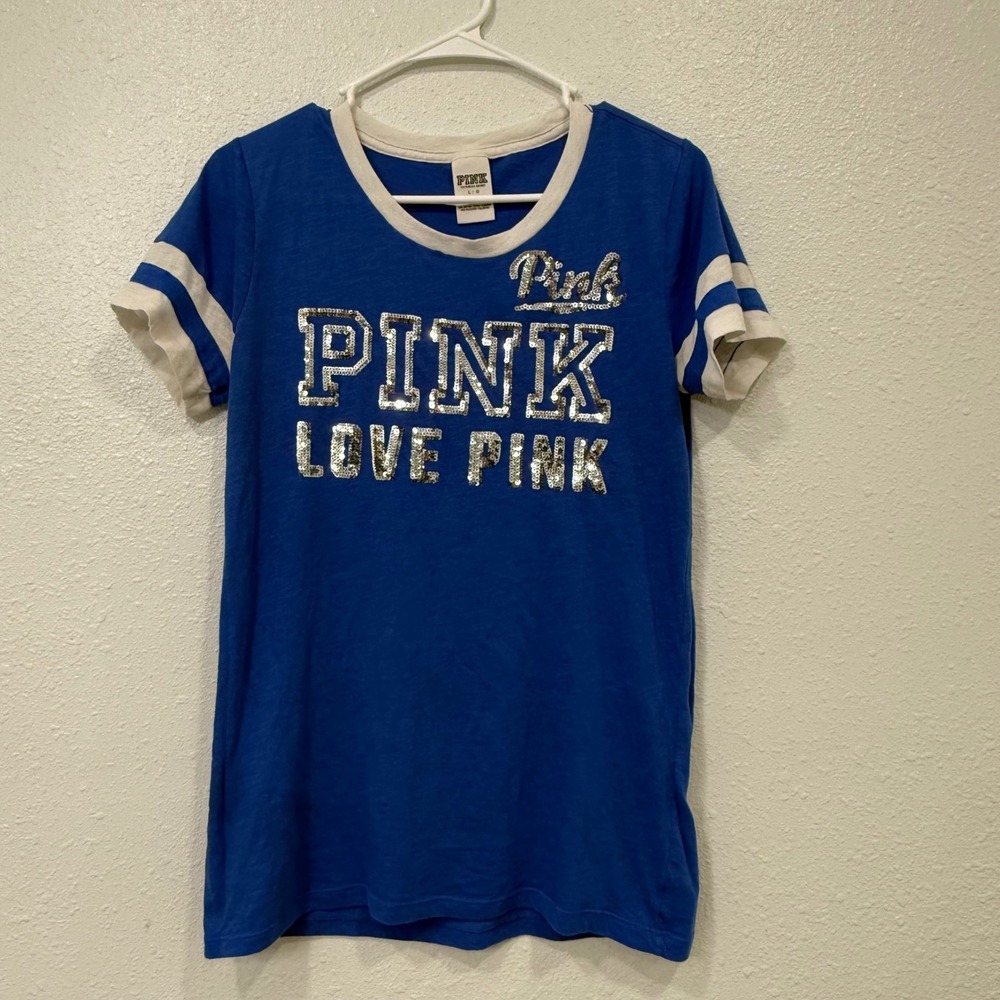 Victoria's Secret PINK Blue Sequin Love Pink Ringer Varsity T-Shirt Large